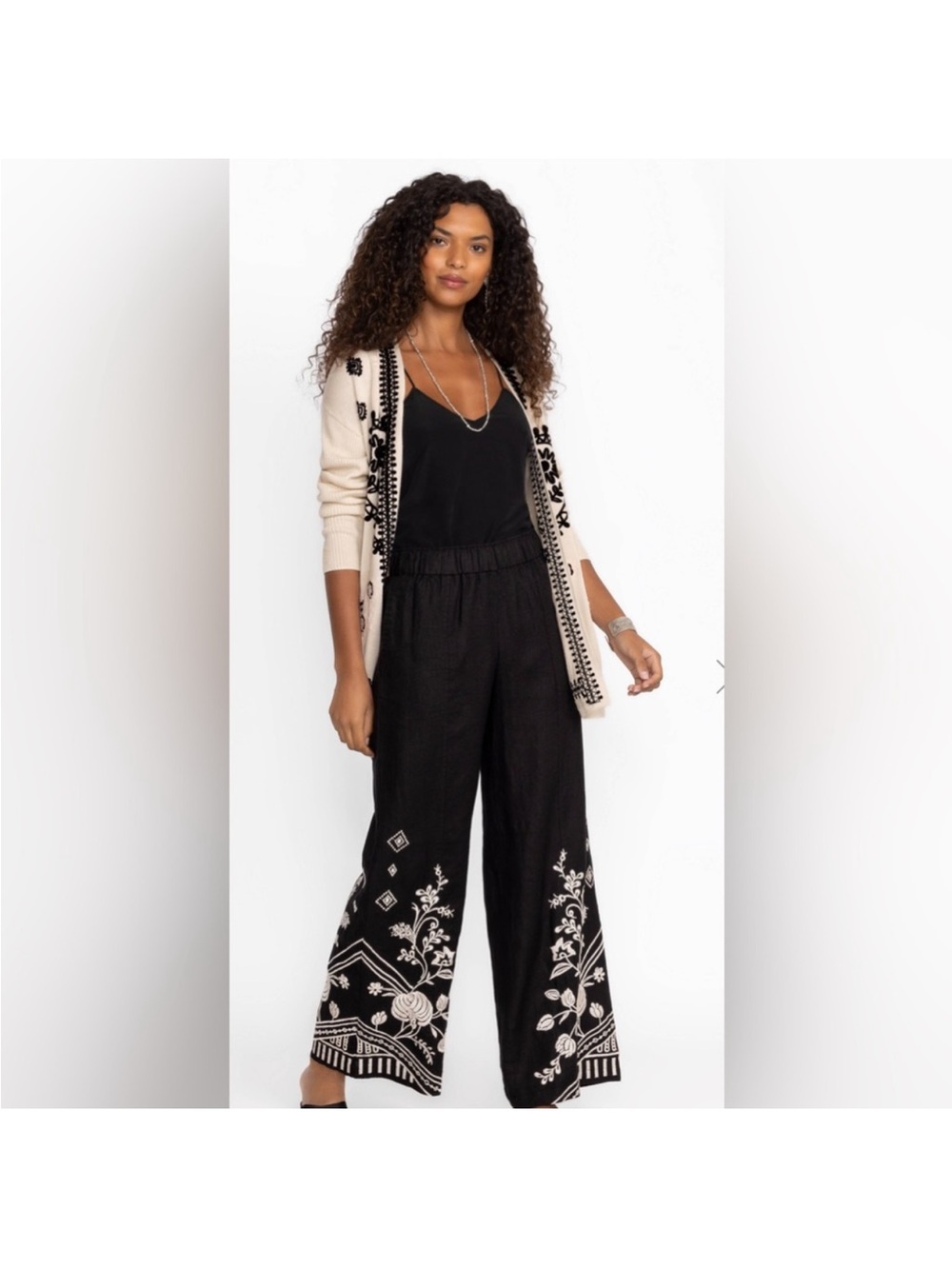 Johnny Was Workshop Pants Womens M Black Embroidered Linen Wide Leg NWT